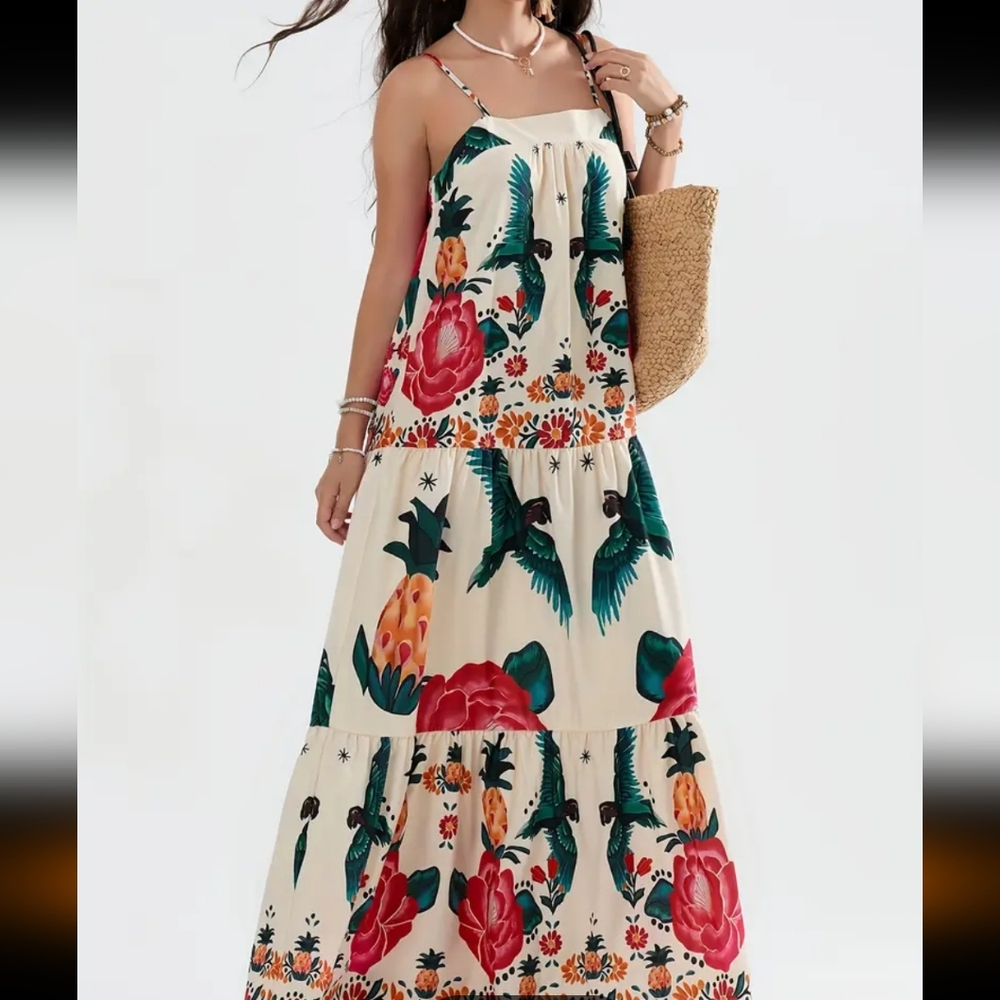 Beautiful tribal print in luxurious bright colored print square neck maxi dress - Picture 10 of 13